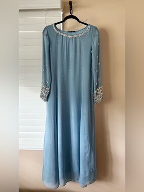 Lulusar Pakistani Light Blue Pearls Rhinestones Eid Long Sleeve Dress Xs NWT